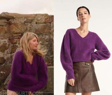 Bad Sisters: Season 1 Episode 10 Eva's Purple V-Neck Sweater V Neck Sweater Outfit, Neck Sweater Outfit, Bad Sisters, Bad Sister, Where To Buy Clothes, Sweater Outfit, Interview Outfit, Fashion Tv, Purple Sweater