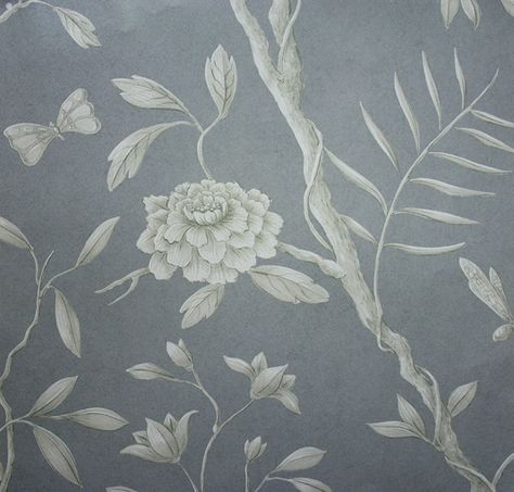 Jasper Peony Metallic Wallcovering Beautiful climbing floral wide width wallpaper in ivory and taupe on a semi reflective mottled silver background. Lewis And Wood, Width Wallpaper, Chinese Wallpaper, Peony Wallpaper, Silver Background, Green Colour Palette, Green Jasper, Luxury Wallpaper, Wood Wallpaper