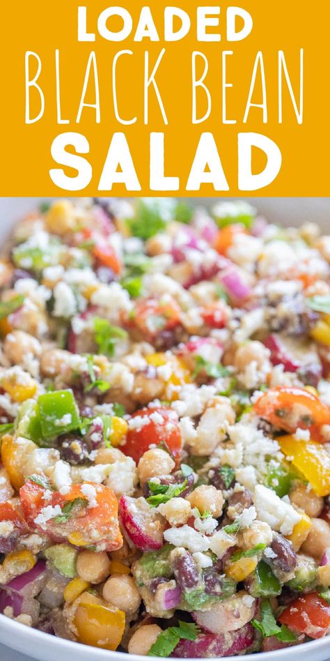 This Loaded Black Bean Salad is packed with so many delicious ingredients and it's tossed with a simple lime juice dressing. Make this black bean salad for parties, potlucks, BBQs or just for yourself! Enjoy with tortilla chips or crackers or fill a taco with this flavorful vegetarian black bean salad! #blackbeansalad #sidedish #summersalad #vegetarianrecipe #chipsanddip Salad For Parties, Bean Salad Recipes Healthy, Bean Salad Dressing, Mexican Bean Salad, Black Bean Salad Recipe, Black Bean Tacos, Black Bean Recipes, Black Bean Salad, Seasonal Salad