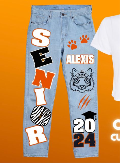 Senior Class Of 2025 Pants, Senior Pictures Pants, Senior Jeans Orange And Black, Painted Jeans Senior, Senior Jeans Painted 2025, Hoco Jeans, Senior Painted Jeans, Graduation Pictures Outfits, Senior Pants