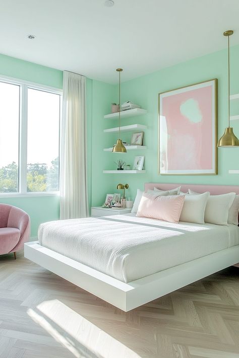 59 Dreamy Pastel Bedroom Ideas You'll Love Mint Green Room Ideas, Mint Green Bedroom Ideas, Bedroom Ideas Pastel, Pastel Bedroom Ideas, Green Room Ideas, Mint Green Room, Mint Green Rooms, Mint Bedroom, Pastel Home