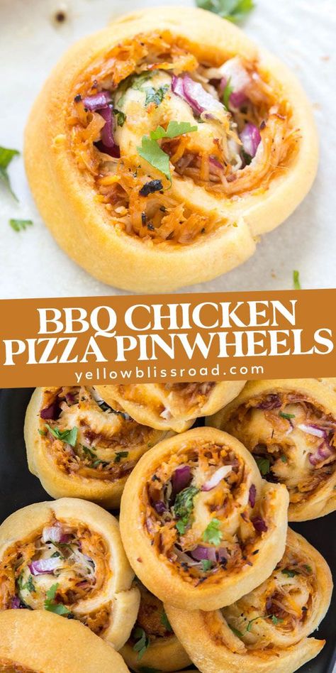 BBQ Chicken Pizza Pinwheels are dippable, bite-sized appetizers packed with chicken, onions, cheese and cilantro wrapped up and baked in pizza dough. Chicken Pinwheels, Barbecue Chicken Pizza, Pizza Pinwheels, Dip Sauce, Bite Size Appetizers, Pinwheel Recipes, Bbq Chicken Pizza, Crescent Roll Recipes, Superbowl Party Food