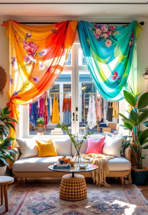 Boho Bedroom Curtain Ideas Scarf Curtain Ideas, Bohemian Curtains Diy, Dip Dye Curtains, Boho Window Treatments, Boho Beach Bedroom, Scarf Curtains, Dye Curtains, Beaded Door Curtains, Bedroom Curtain Ideas