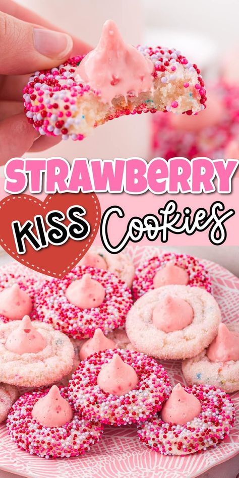 Strawberry Kiss Cookies are made with only 5 ingredients and take 10 minutes to prepare the cutest Valentine’s Day cookies with a pretty pink sparkle. What’s better than a sugar cookie base that’s baked from a bag mix and topped with a melted chocolate kiss in the middle? Valentine Cookies Recipe Easy, Valentine Hershey Kiss Cookies, Valentines Cake Cookies, Valentine Kiss Cookies, Pink Sprinkle Cookies, Valentine’s Day Cookie Recipe, Valentines Sweets Recipes, Strawberry Blossom Cookies, Cookies Recipes Valentines Day