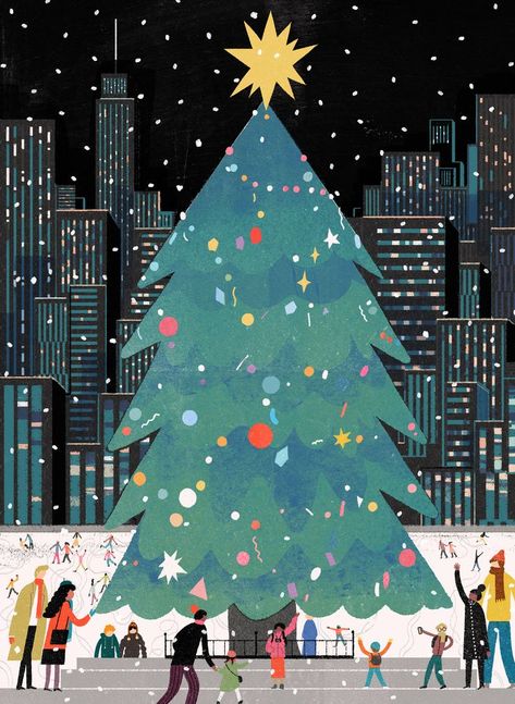 Christmas Tree in the City #illustration Winter Inspiration Board, Christmas Night Illustration, Celebration Illustration, Holiday Iphone Wallpaper, Christmas Tree Drawing, City Christmas, Cat Greeting Cards, Winter Illustration, Christmas Phone Wallpaper