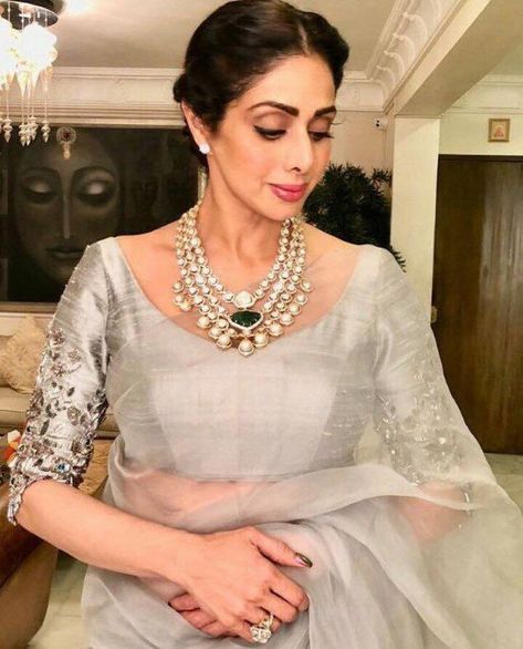 Times When Actress Sri Devi Gave Us Top-Notch Saree Goals Grey Saree, Sari Blouse Designs, Blouse Designs Indian, Saree Blouse Patterns, Saree Blouse Designs Latest, Designer Saree Blouse Patterns, Looks Party, Trendy Blouse Designs, Blouse Neck Designs