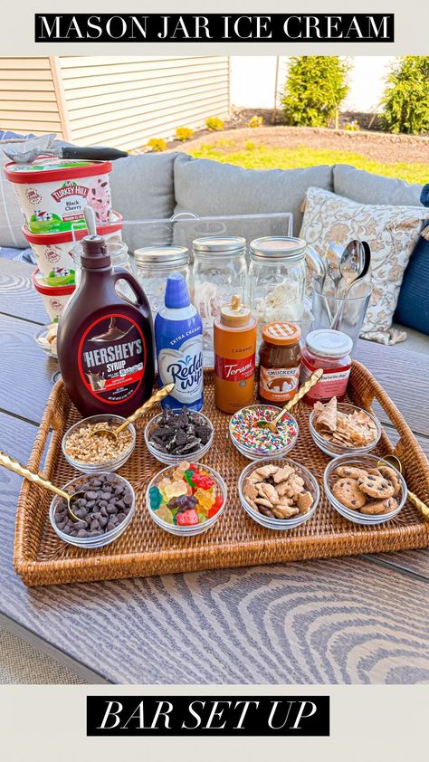 Tara Panasiuk | ICE CREAM SUNDAE MASON JAR BAR 🍦 Comment “ICE CREAM” to be sent all the items used for this and a list of topping ideas 🩷 A fun way to… | Instagram Ice Sundae Bar Ideas, Ice Cream Themed Snacks, Sundae Theme Birthday Party, Make Your Own Ice Cream Sundae Bar, Mini Ice Cream Bar, Food And Drink Bar Ideas, Selling Ice Cream Ideas, Hot Fudge Sundae Bar, Sundae Ice Cream Ideas