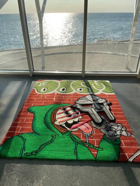 MF Doom custom tufted handmade rug 🪴 The size of the rug on photos is 160x120 cm This rug has moving part mask attached to his face 🔥  Size of the rug is according to width  If you have any questions - just text me 😉 Rapper Room Decor, Cool Rug Designs, Mf Doom Rug, Mens Room Aesthetic, Boujee Bedroom Ideas, Cool Rugs For Bedroom, Carpet Bedroom Decor, Aesthetics Room Decor, Tufting Diy