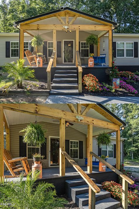 Modular Home Before And After, Add On Front Porch Before And After, Big Mobile Homes, Front Porch On Double Wide, Cute Mobile Home Exterior, Back Porch Add On, Mobile Home Front Deck, Eifs Exterior Home, Rv Decks Porches