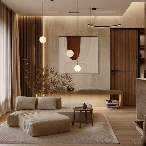 This Japandi style home encapsulates a harmonious blend of contemporary minimalism and natural warmth, embracing the Japandi aesthetic which fuses Scandinavian functionality with Japanese rustic minimalism. The design use a soft, neutral palette of beiges, browns, and grays that evoke a sense of calm and elegance, complemented by the use of natural wood textures that add warmth and depth. Strategic lighting, both natural and via sleek modern fixtures, highlights the clean lines and high-quali... Modern Japanese Apartment Interior, Modern Japanese Apartment, Japandi Style Home, Muji Interior, Japandi Aesthetic, Japan House Design, Rustic Minimalism, Japandi House, Japandi Home Decor