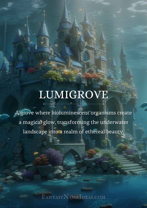 Lumigrove - underwater kingdom Light Names Ideas, Magical School Name Ideas, Dnd Kingdom Names, Fantasy Places Names Ideas, Fantasy Novel Name Ideas, Names For Places Writing, Fantasy Realm Names Ideas, Kingdom Names For Books, Land Names Ideas