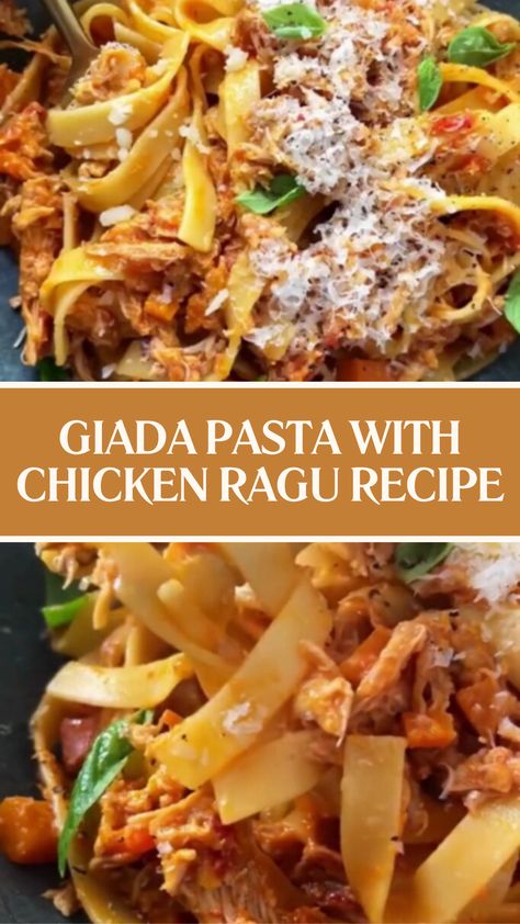 Giada Pasta With Chicken Ragu Recipe Chicken Ragu Recipes, Pasta With Ground Chicken, Giada Pasta, Chicken Ragu, Giada De Laurentiis Recipes, Chicken Marinara, Giada Recipes, Pasta With Chicken, Ragu Recipe