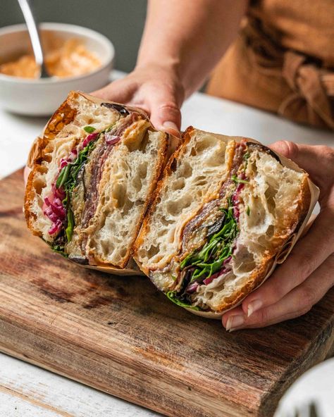 The Ultimate Salami Sandwich with Focaccia & Pickled Red Onion Salami Sandwich, Pickled Red Onion, Roasted Garlic Aioli, Baguette Sandwich, Grilled Artichoke, Spicy Aioli, Gourmet Sandwiches, Deli Sandwiches, Sandwich Shops