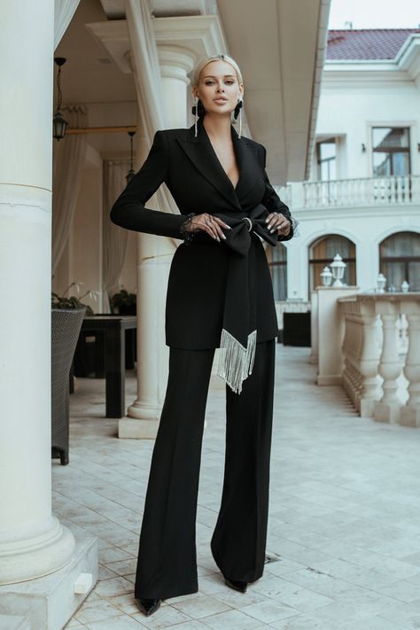 Black 2-Piece Formal Pantsuit Decorated With Rhinestones – SandraBlush Women Suit Party, Black Female Suit Outfit, Suit For Women Formal, Pantsuit Wedding, Women Suits Party, Women's Pantsuit, Formal Pantsuit, Pantsuit For Women, Wedding Suits For Bride