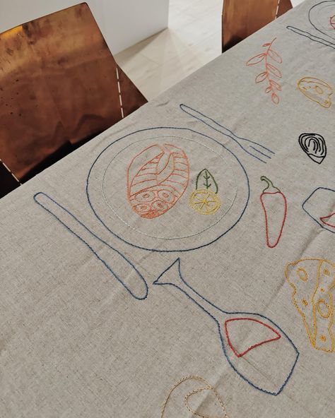 Custom embroidered tablecloth of my dreams! Who’s coming over for dinner?🍷🦐🧀🥖🐟 @gorilmarket @etsy #etsy #etsyfind #etsyfinds #etsycanada #embroideredtablecloth #embroideryart @bludot #realgoodchair #copperchair Hand Embroidered Tablecloth, Tablecloth Embroidery, Copper Chair, Pinterest Contest, Embroidered Tablecloth, Embroidery Stitches Tutorial, Hand Embroidery Projects, Blu Dot, Kitchen Linens