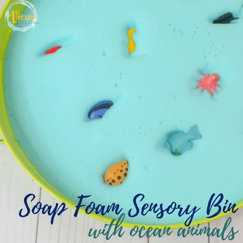 This ocean soap foam recipe mixes soap and water with cornstarch to create foam that has a great texture. Color it blue and add sea animals for a sea theme. #oceansoapfoam #soapfoamrecipe #soapfoamsensorybin #soapyseafoam #sensoryplayforkids #kidsactivities #sensorybins #preschools #toddlers #kidsactivities Foam Sensory Bin, Ocean Themed Activities, Foam Recipe, Toddler Yoga, Ocean Soap, Bubble Recipe, Ocean Theme Preschool, Soap Foam, Mommy Ideas