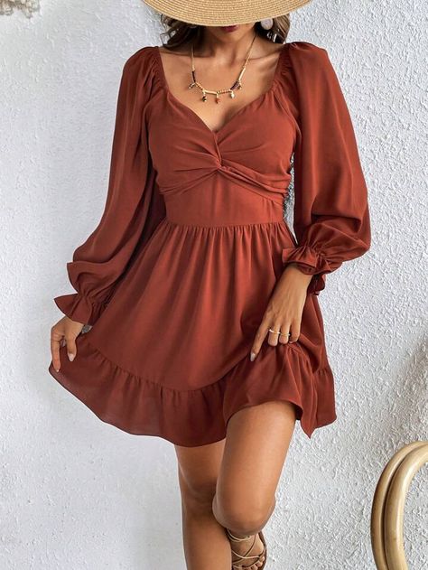 Thanksgiving Outfit Women, Red Bridesmaid Dresses, Shein Dress, Ruffle Sleeve Dress, Ruffle Hem Dress, Mini Dress Casual, Lantern Sleeve, Hem Dress, Lantern Sleeves