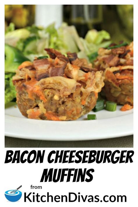 Bacon Cheeseburger Muffins are delicious, no matter which ground meat you use!  Lots of cheese, bacon and more in every bite!  #meatloaf #cheeseburger #meatloafmuffins #easyrecipes #kitchendivas Meatloaf Cheeseburger, Cheeseburger Muffins, Meatloaf Muffins Recipe, Bacon Cheeseburger Meatloaf, Cheeseburger Meatloaf, Delicious Meatloaf, Meatloaf Muffins, Bite Size Food, Bacon Burger