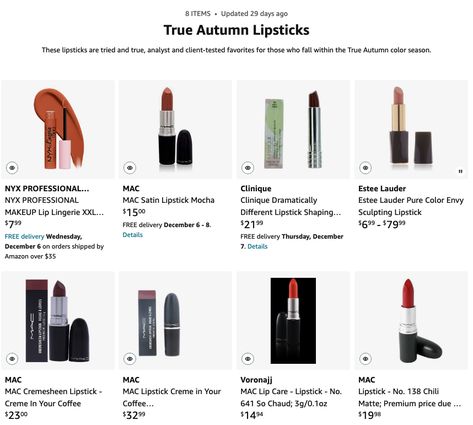 True-Autumn-Lipsticks_Amazon True Autumn Lip Color, Lipstick For Autumn Type, Lipstick Deep Autumn, Red Lipstick For Soft Autumn, True Autumn Lipstick, True Autumn Lipstick Palette, Warm Autumn Lipstick Colors, Soft Autumn Lipstick Colors, Deep Autumn Lipstick