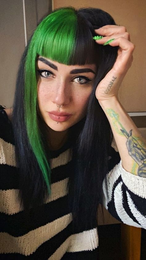 Black And Green Color Block Hair, Black Green Split Dye, 2 Tone Green Hair, Lime Green Hair Streaks, Black And Purple Color Block Hair, Black With Green Hair, Black Green Hair Color, Black Hair Green Streaks, Black Hair Green Bangs