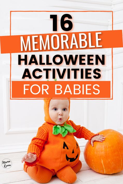 baby wearing a pumpkin costume while sitting next to a pumpkin 6 Month Old Halloween Activities, Halloween Party Ideas For Infants, Infant Halloween Activity, Halloween Activities For 8 Month Old, Halloween Party For Infants, Halloween Baby Games, Halloween Crafts For 6 Month Old, Halloween For Babies Activities, Infant Halloween Party Ideas