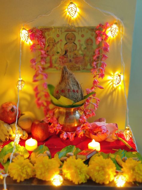 Diwali Laxmi Puja Arrangement Decoration Diwali Lights Decoration House, Puja Decoration, Laxmi Puja, Puja Decor, Diwali Photography, Lights Decoration, Baby Boy Outfits Swag, Diwali Lights, Lovers Pics