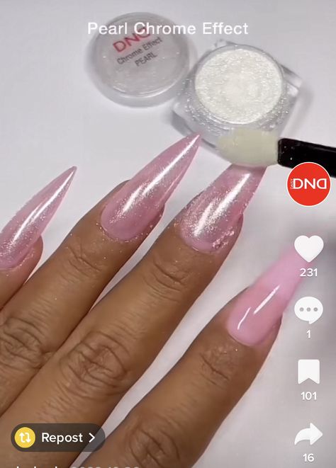 Dnd Light Macore, Pearl Chrome Acrylic Nails, Pearl Chrome Nails Coffin, Pearl Chrome Powder Nails, Light Pink Pearl Chrome Nails, Pearl Chrome Nail, Pearl Chrome, Dnd Gel Nail Polish, Unique Acrylic Nails