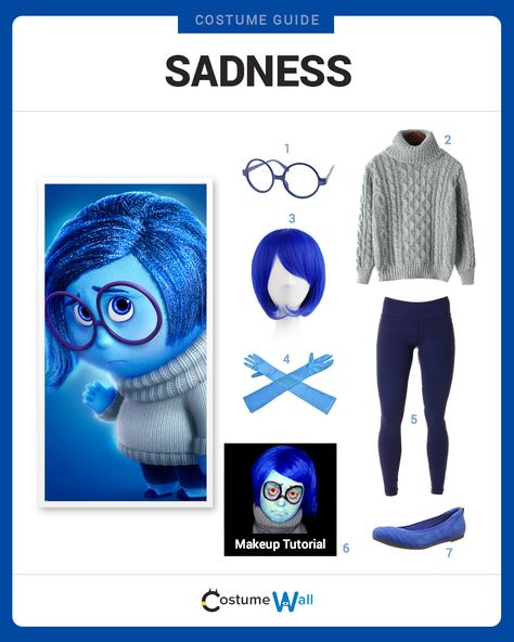 Dress Like Sadness, 1 of the 5 emotions from Inside Out. See additional costumes and cosplays of Sadness. Pixar Costume, Inside Out Costume, Costume Guide, Black Halloween Dress, Party Costumes, Mindy Kaling, Disney Inspired Outfits, Diy Costume, Halloween Inspo