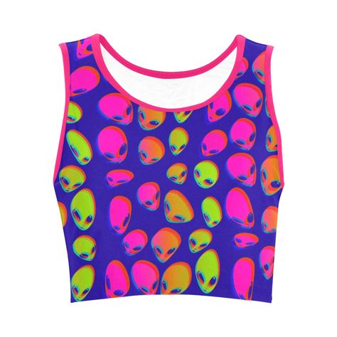 Neon Alien Blast Women's Fitted Crop Top | BigTexFunkadelic Neon Alien, Alien Crop Top, Trippy Clothes, Alien Clothes, Fitted Crop Top, Space Shirts, Earthy Outfits, Workout Crop Top