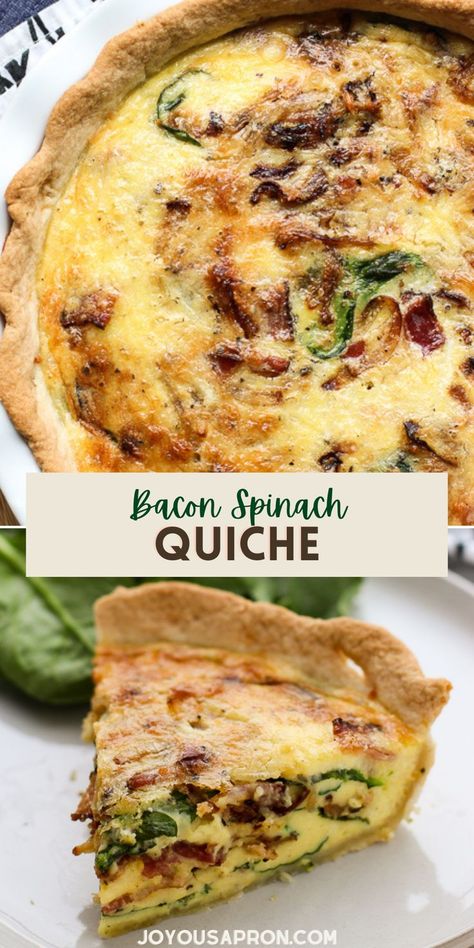 Bacon Spinach Quiche - yummy holiday brunch and breakfast for a crowd. Perfect for Christmas and Thanksgiving morning. Flaky pie crust topped with eggs, bacon, spinach, caramelized onions and cheese. So delicious! Spinach Cheddar Quiche, Bacon And Spinach Quiche, Bacon Cheese Quiche, Quiche With Spinach, Comforting Breakfast, Bacon Spinach Quiche, Bacon And Cheese Quiche, Cheddar Quiche, Cheese Quiche Recipe