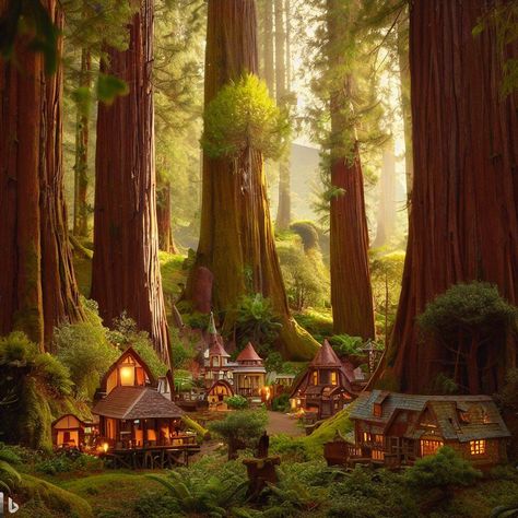 Woodland Village Fantasy Art, Wood Elf Village, Forest Village Fantasy Art, Fae Village, Village In The Woods, Fae World, Tree House Village, Woodland Village, Fantasy Woods