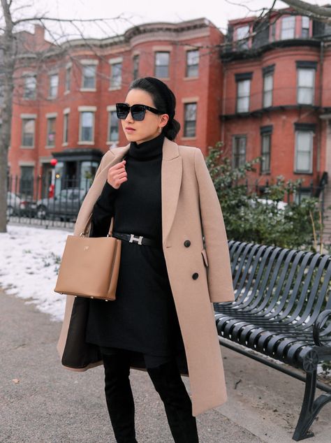 Black Dress With Coat Outfit, Oatmeal Coat Outfit, Petite Wool Coat, Tan Wool Coat Women, Classic Wool Coat, Tan Wool Coat Outfit, Camel Wool Coat Outfit, Coat Over Dress, Dress And Coat Outfit