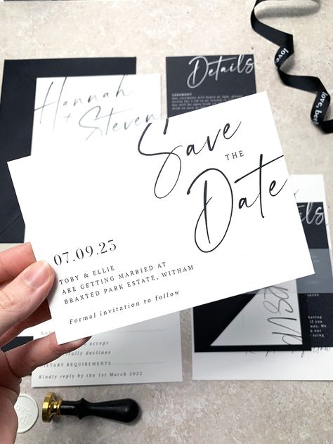 Black Themed Wedding Invitations, Monochrome Invitation Wedding, Modern Simple Wedding Invitations Black And White, Wedding Favors Black And White, Wedding Invitations White And Black, Black And White Minimal Wedding, Black Tie Wedding Save The Date, Modern Wedding Save The Date, Black And White Save The Date Ideas