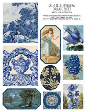 Blue Ephemera, Vintage Aesthetic Stickers Printables, Themed Collage, Photo Collage Diy, Blue Scrapbook, Photoshop Elements Tutorials, Flower Background Iphone, Craft Video, The Graphics Fairy