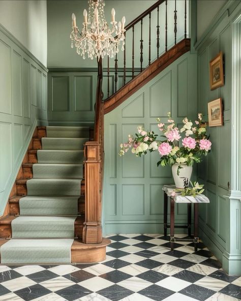 Green Painted Hallway, Green Stair Risers, Entrance Hall With Stairs, Creative Hallway Ideas, Hallway Renovation Ideas, Art Deco Hallway Ideas, Painted Hallway Ideas, Hallways Ideas Entrance, Entryway Ideas With Stairs Entry Foyer