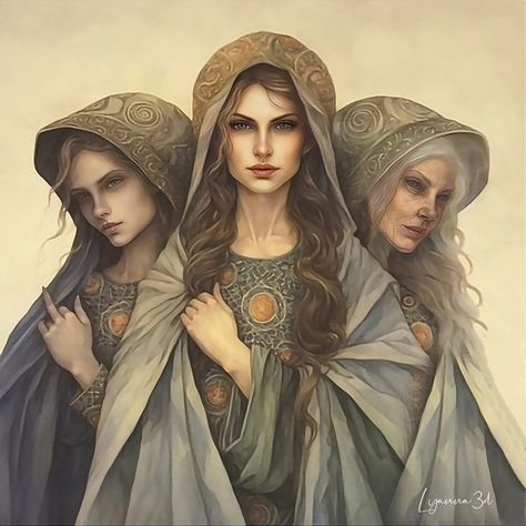 Greek Goddess Hecate Art, The Maiden Mother And Crone, Maiden Mother Crone Art, Maiden Mother Crone Tattoo, Myth Tattoo, Horned Goddess, Maiden Mother And Crone, The Triple Goddess, Maiden Mother Crone