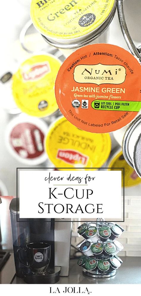 A list of clever Keurig K-Cup storage ideas including drawers, carousels, racks, mini coffee stations, DIY Keurig pod holders, and where to buy them. Keurig K Cup Holder Ideas, Kpod Storage, K Cup Storage Ideas Counter Space, Kerig Cups Storage Ideas, Coffee Pod Holder Ideas, K Pod Storage Ideas, K Cup Holder Ideas, Keurig Pod Storage Ideas, Keurig Coffee Station On Counter