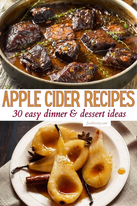 Apple Cider Soup, Apple Cider Juice Recipes, Boiled Apple Cider Recipes, Cider Recipes Food, Apple Cider Stew, Apple Cider In Recipes, Apple Food Recipes, Apple Cider Desserts Easy, Dinner Recipes Using Apple Cider