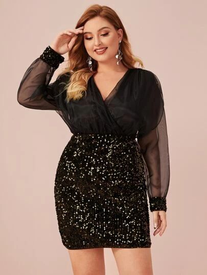 Plus Size Summer Outfits Big Stomach, Cocktail Dress Plus, Plus Size Sequin Dresses, Fashion Outfits Plus Size, Plus Size Summer Outfits, Dinner Dress Classy, Plus Size Party Dresses, Long Sleeve Sequin, Black Sequin Dress