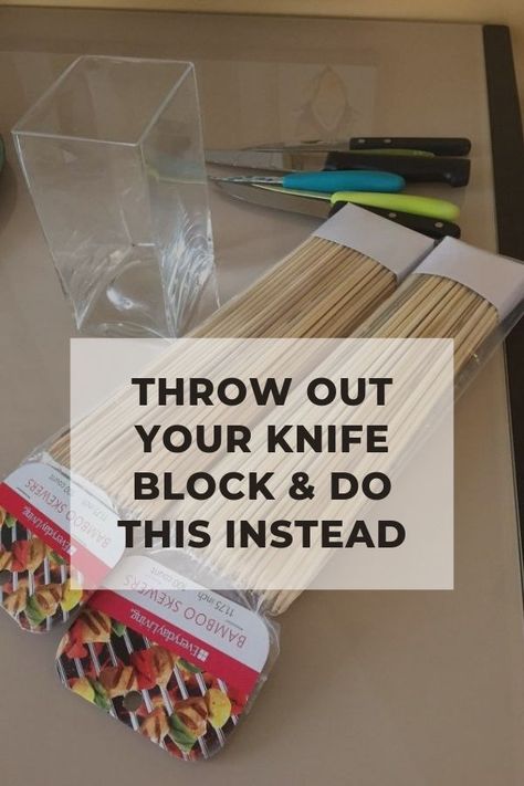 Looking for a cute way to store your kitchen knives on the countertop? This bugdet friendly and simple idea will have your kitchen knives stored glamourously in no time! #diy #knives #storae #knifestorage #diystorage #diyhomedecor #diy Storing Knives In Kitchen, No Backsplash Kitchen Ideas, Diy Knife Storage, Kitchen Knife Storage Ideas, Diy Rustic Kitchen, Kitchen Knife Storage, Organizing Things, Unusual Lighting, Knife Skills