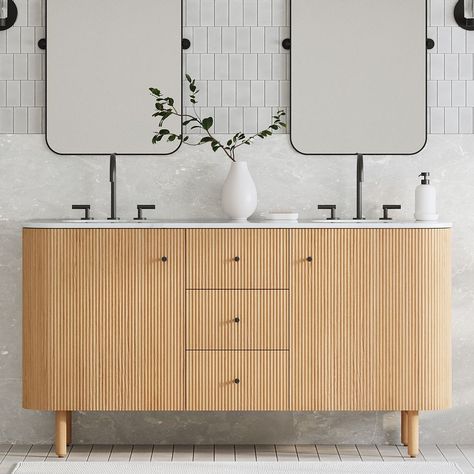 Ellington Double Bathroom Vanity (63"–72") Modern White Oak Vanity, Organic Modern Bathroom Lighting, West Elm Vanity, Natural Wood Double Vanity, White Oak Double Vanity, Modern Bathroom Vanity Ideas, Oak Vanity Bathroom, Adams Project, Bathroom Double Vanity