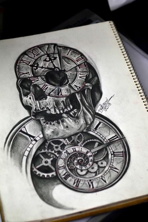 #skull #clock #tattoosketch #thiagopadovani | Done at Memento Mori Tattoo Studio | Dec 19th 2018 | 800143 Skull And Clock Tattoo, Skull Drawing Tattoo, Time Clock Tattoo, Ford Tattoo, Memento Mori Tattoo, Mouth Tattoo, Clock Drawings, Left Arm Tattoos, Evil Skull Tattoo