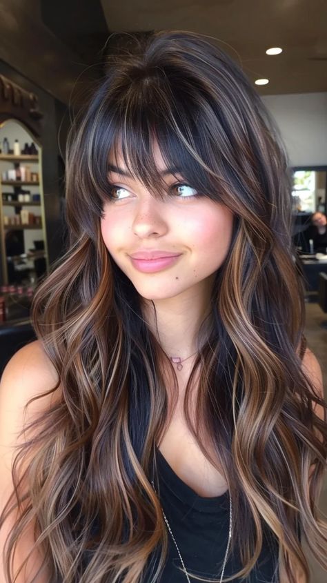 30 Stunning Sunkissed Brunette Hair Ideas To Revamp Your Hair Brown To Color Balayage, Long Fall Hair Color Dark Brown, Dark Brown Honey Hair, Brunette Hair With Dimension Balayage, Fall Hair Trends 2024 Cuts, Brown Hair Bangs Highlights, Bright Caramel Balayage, Long Dark Brown Hair With Highlights Chocolates Caramel Balayage, Fall Brunette Hair Color Balayage Long