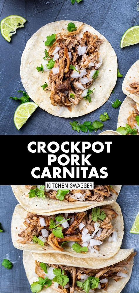 Slow-cooked pork carnitas tacos made with pork shoulder (or pork butt). Pork is roasted in a slow cooker/crockpot with pineapple juice, spices, garlic, onion, and beer until it easily shreds apart. Served with corn tortillas, fresh cilantro, diced onions, lime wedges, and a creamy lime sauce for a simple and delicious taco. #porkcarnitas #porkcarnitastacos #slowcookerporkcarnitas #pulledpork Crock Pot Pork Carnitas, Pork Mexican, Crockpot Pork Carnitas, Carnitas Tacos Recipe, Pork Carnitas Tacos, Slow Cooker Carnitas, Crock Pot Pork, Pork Carnitas Slow Cooker, Carnitas Tacos