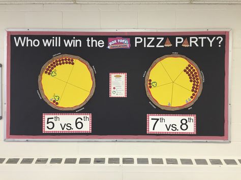 Box Tops for Education collection pizza party contest bulletin board Box Tops Contest, Pta Membership Drive, Pto Bulletin Board, Pto Membership, Pto Flyers, Pta Board, Kids Night Out, School Donations, Art Bulletin Boards