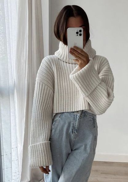 White Roll Neck Outfit, White Turtleneck Sweater With Ribbed Cuffs, Oversized White Turtleneck Sweatshirt, White Turtleneck Sweater With Ribbed Collar, Oversized Cozy Turtleneck With Ribbed Collar, Vs Sport, Thick Sweater, Thick Sweaters, Wool Sweaters