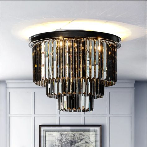 Everly Quinn 6-Lights Modern 3-Tier Round Fringe Crystal Flush Mount Ceiling Light & Reviews | Wayfair Round Crystal Chandelier, Elegant Pendant Lighting, Led Crystal Chandelier, Entryway Lighting, Flush Mount Chandelier, Light Fixtures Flush Mount, Mid Century Modern Decor, Elegant Pendant, Dining Room Chandelier