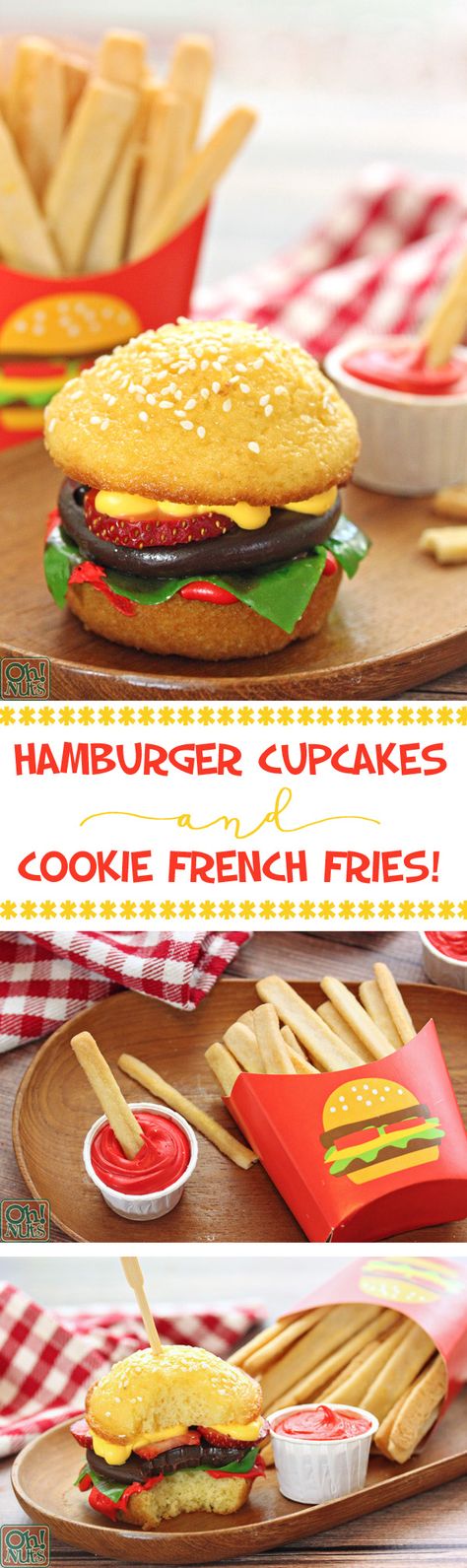 Hamburger Cupcakes and Cookie French Fries - the cutest hamburgers you ever did see! These dessert burgers and fries are adorable and delicious! | From OhNuts.com Dessert Imposters, Cookie Fries, Hamburger Cupcakes, Strawberry Sugar Cookies, Cupcakes Ideas, Creative Desserts, Burger And Fries, Cute Cupcakes, Cute Desserts