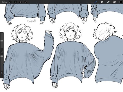 Anime Sweater Reference, Big Sleeves Drawing Reference, Sweater Drawing Tutorial, Sweater Folds Reference, Big Sweater Drawing, Sweater Drawing Sketches, How To Draw Sweaters, Cloths Fold, How To Draw A Sweater