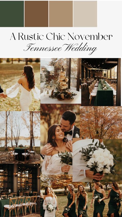 Rustic chic fall wedding color mood board for Jess and Ben Higgin’s luxury wedding at one of the best Tennessee wedding venues, The Estate at Cherokee Dock. We chose a forest green and champagne fall wedding color palette, rustic wedding décor, and a rustic white bridal bouquet for their dream November wedding. Click through for the November luxury wedding décor and fall wedding ideas. We offer luxury weddings in Nashville & worldwide. Rustic fall wedding tablescapes, November wedding aesthetic Unique November Wedding Ideas, Fall Wedding Board, Classy Fall Wedding Ideas, Fall Greenhouse Wedding, Rustic Fall Wedding Ideas Country, Fall 2025 Wedding, Fall Wedding Greenery, Champagne Fall Wedding, Emerald Green Wedding Colors